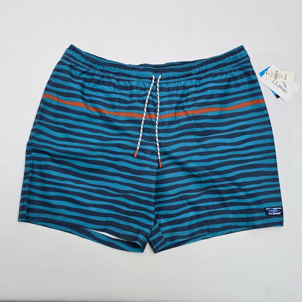 LL Bean Mens Vacationland Stretch Swim Trunks Blue Striped 8 Inch XXL 503781